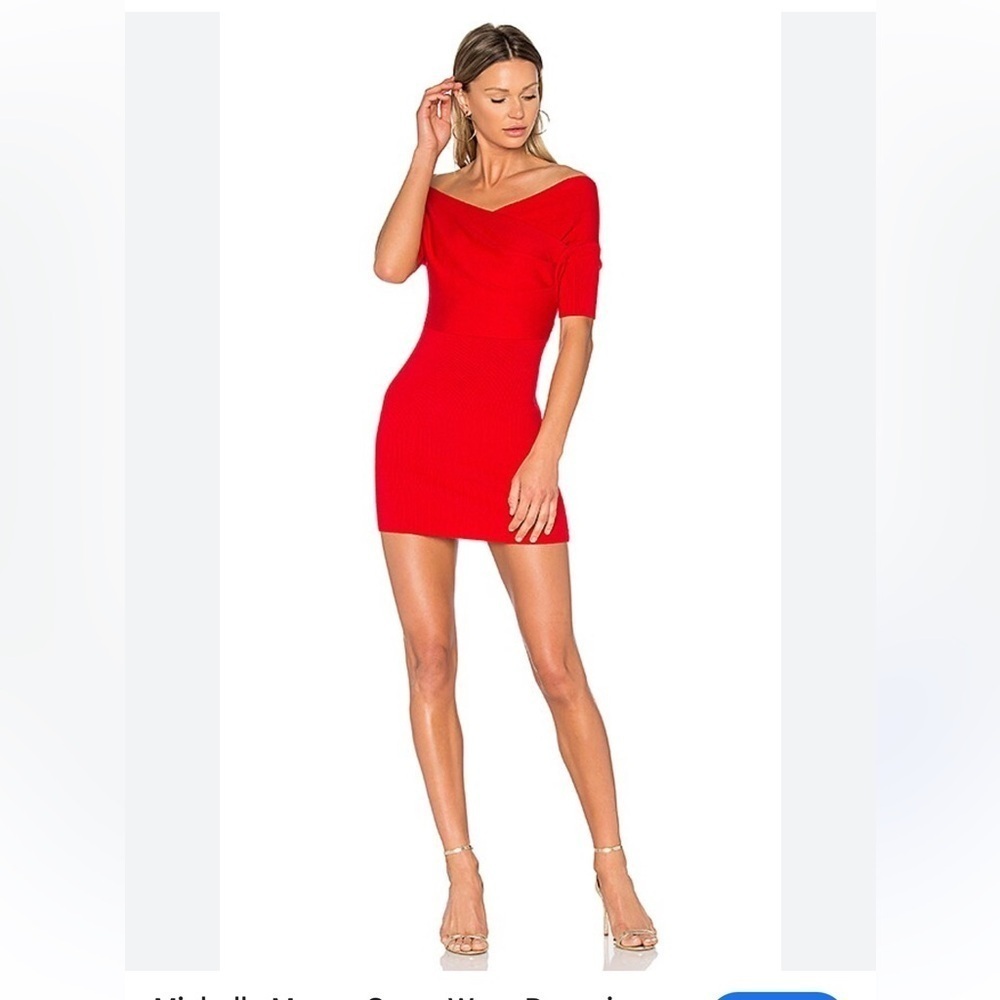 MICHELLE MASON Revolve Red Ribbed Short Sleeve Crossover Sweater Dress Sz small